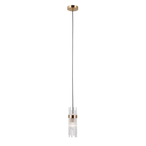 Lampa wisząca TARASO 1xE14 Italux w kolorze złotym to eleganckie oświetlenie punktowe. Smukły klosz z przezroczystego szkła o średnicy 8 cm i wysokości 25 cm subtelnie rozprasza światło, idealnie sprawdzając się nad blatem lub wyspą.