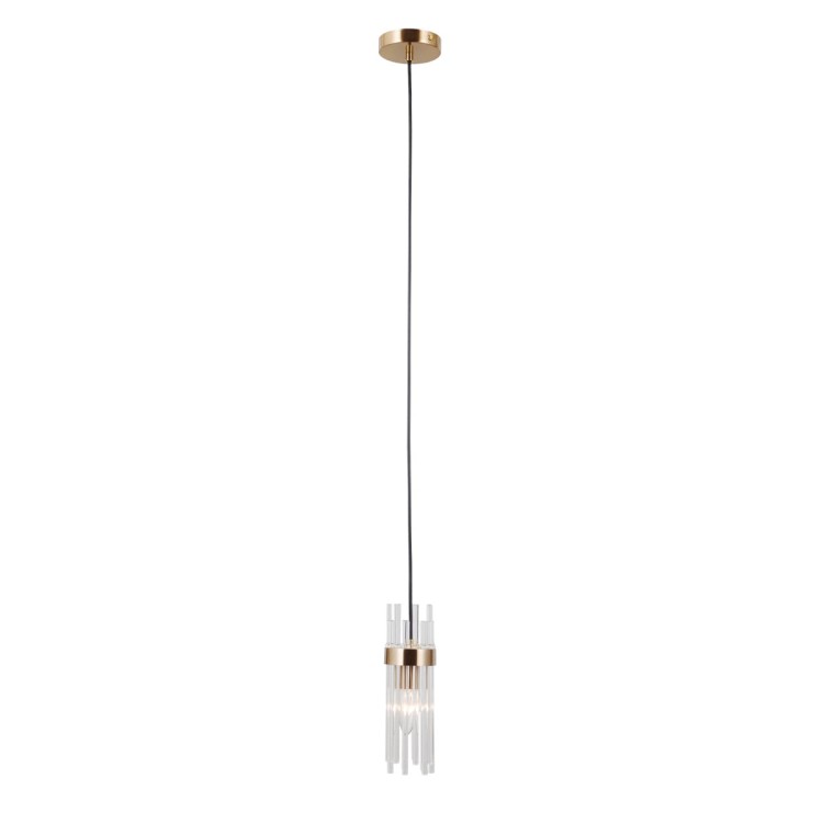 Lampa wisząca TARASO 1xE14 Italux w kolorze złotym to eleganckie oświetlenie punktowe. Smukły klosz z przezroczystego szkła o średnicy 8 cm i wysokości 25 cm subtelnie rozprasza światło, idealnie sprawdzając się nad blatem lub wyspą.