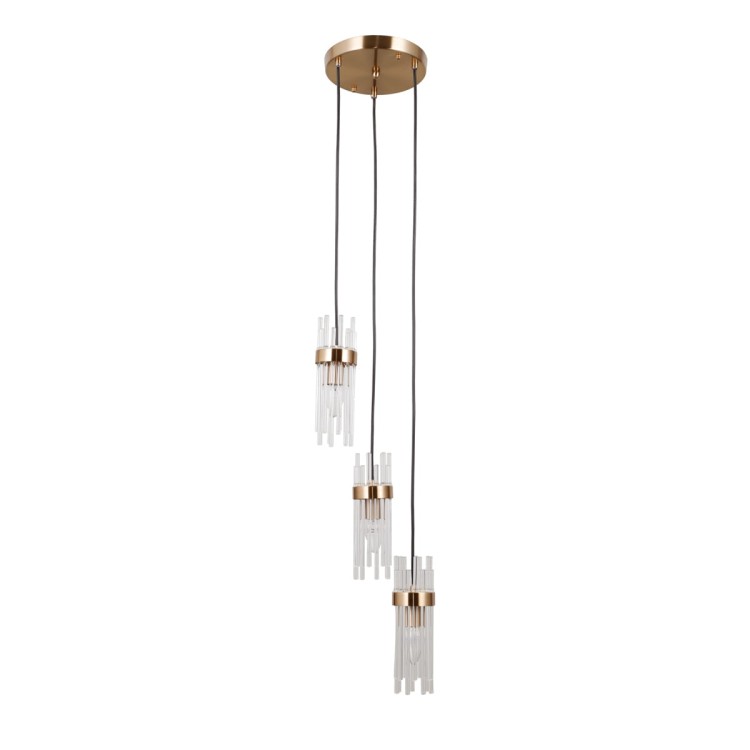 Lampa sufitowa TARASO 3xE14 Italux to elegancka lampa wisząca w kolorze złotym z przezroczystymi kloszami. Kaskadowa forma i regulowana wysokość do 120 cm sprawiają, że idealnie pasuje do salonu, jadalni lub nad wyspę kuchenną.