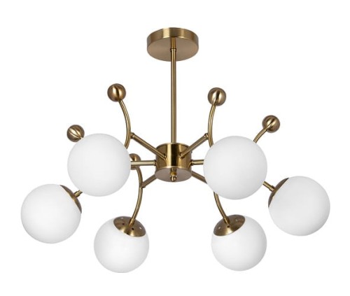 Lampa sufitowa BOLAS Venti 6xE27 łączy miedzianą konstrukcję z sześcioma białymi kloszami ze szkła. Szerokość 68 cm sprawia, że doskonale prezentuje się nad stołem w jadalni oraz w nowoczesnym salonie.