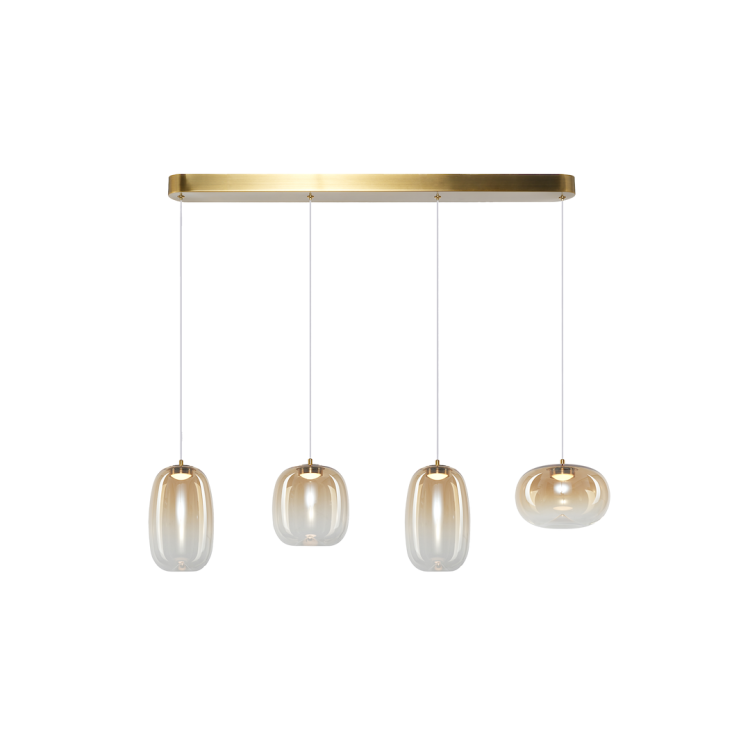 Lampa wisząca VASO Amber LED 15W w kolorze złotym z bursztynowymi kloszami to eleganckie oświetlenie nad stół lub do salonu. Zapewnia ciepłe światło 3000K, nowoczesny design i regulowaną wysokość, idealną do każdej aranżacji.