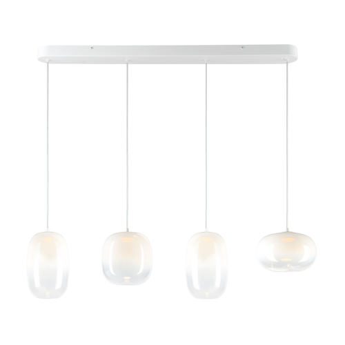 Lampa wisząca VASO White ML1406: białe wykończenie, cztery szklane klosze i LED 15W w komplecie. Ciepłe światło 3000K, 1689 lm. Szerokość 89 cm, regulowana wysokość 36–152 cm. Do jadalni, nad stół lub wyspę kuchenną. AI
