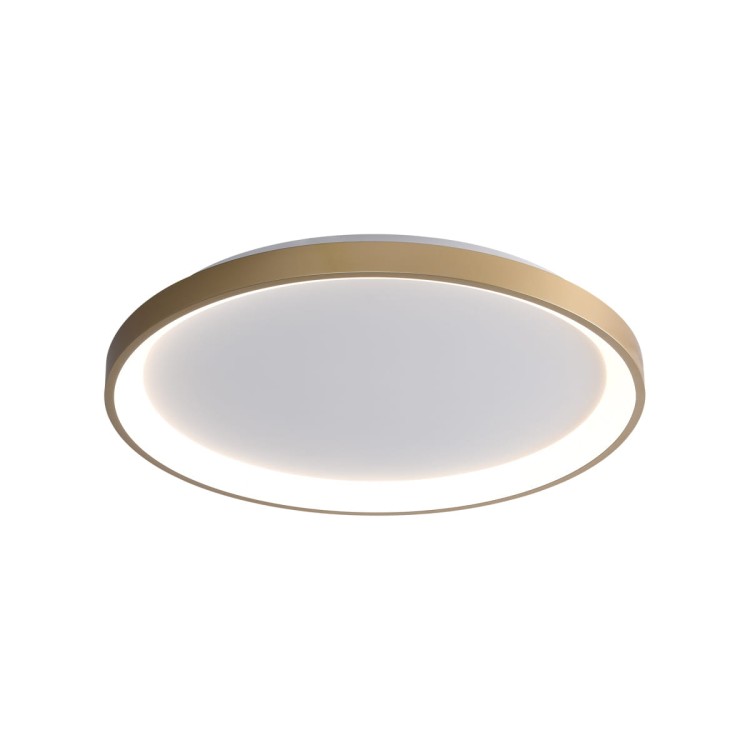 Plafon RADEN 40W LED Italux zachwyca złotą, minimalistyczną oprawą i świetlnym pierścieniem. Zapewnia 2400 lm oraz regulację barwy od ciepłej 3000K do zimnej 6500K. Średnica 48 cm – idealny do salonu lub sypialni.