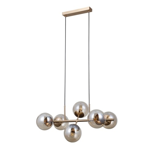 Lampa wisząca MOLITE Italux 6xE14 z bursztynowymi kulami i konstrukcją w kolorze mosiądzu miodowego. Efektowna lampa nad stół, wyspę kuchenną lub barek. Regulowana wysokość do 150 cm. Promocja: 396 zł zamiast 706 zł.