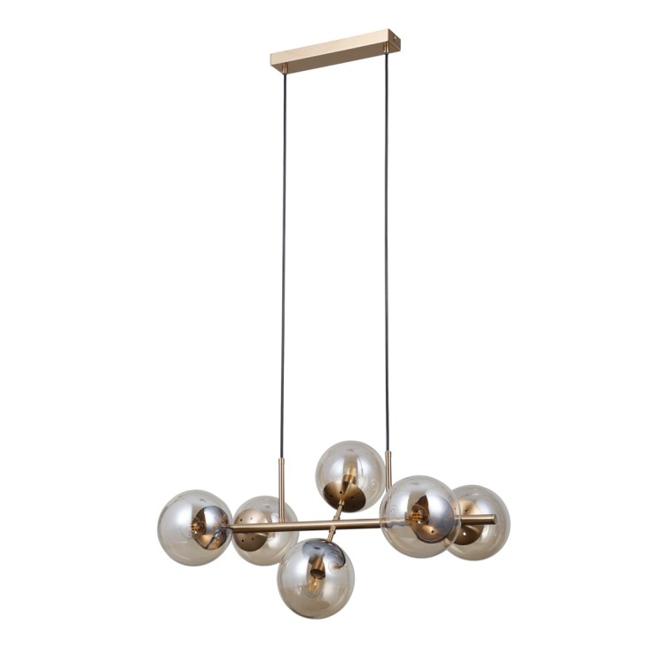 Lampa wisząca MOLITE Italux 6xE14 z bursztynowymi kulami i konstrukcją w kolorze mosiądzu miodowego. Efektowna lampa nad stół, wyspę kuchenną lub barek. Regulowana wysokość do 150 cm. Promocja: 396 zł zamiast 706 zł.