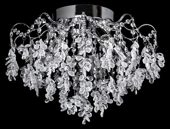 Plafon FLORES chrom 5xE27 + LED 6500K to idealne połączenie nowoczesnego oświetlenia i stylu glamour. Kryształowe dekoracje pięknie odbijają światło, a chromowana oprawa dodaje wnętrzu elegancji i prestiżu.
