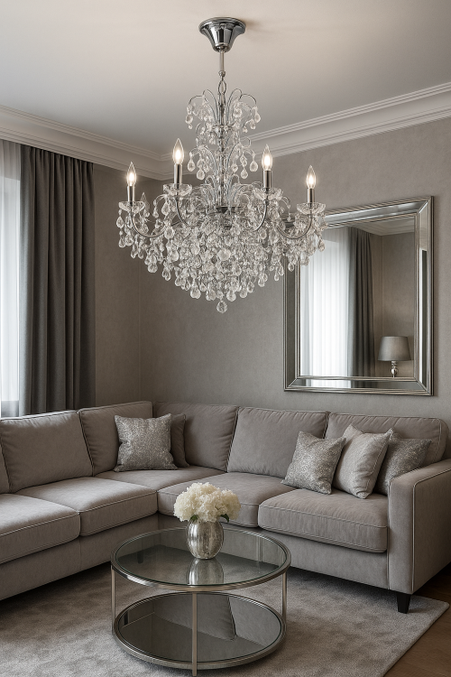 Chromowana lampa wisząca FLORES 6xE14 to połączenie klasyki i nowoczesnego designu. Dekoracyjne szklane elementy nadają wnętrzu lekkości i blasku, doskonale sprawdzając się w salonie lub jadalni.