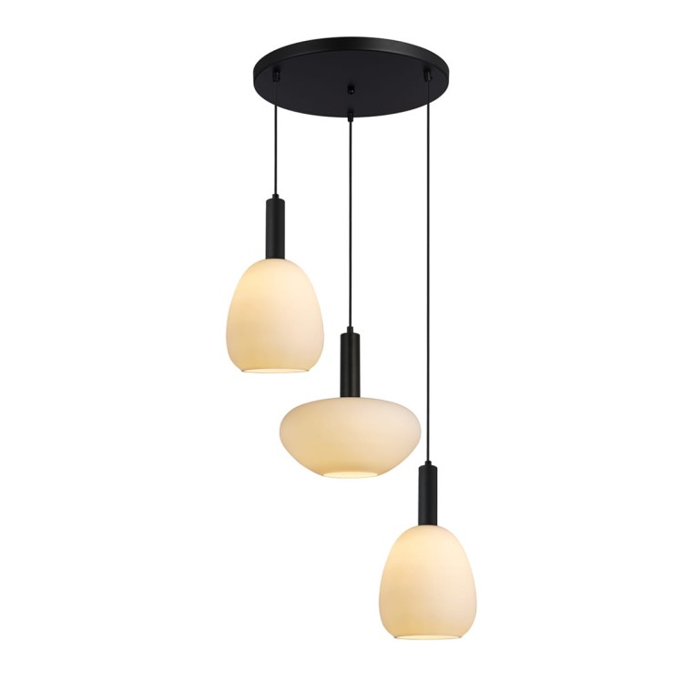 Lampa sufitowa GATER 3xE27 Italux to elegancka forma kaskady z czarnego metalu i białych, opalowych kloszy. Trzy punkty świetlne E27 zapewniają przyjemne, rozproszone światło idealne do salonu, jadalni lub holu.