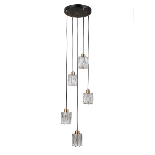 Lampa kaskadowa TORNO 5xE14 marki Italux z pięcioma kryształowymi kloszami. Czarne przewody i oprawki w kolorze mosiądzu miodowego tworzą elegancką całość. Efektowne oświetlenie do wysokiego holu i na klatkę schodową.