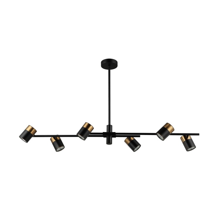 Lampa sufitowa ELICE 6xGU10 Italux to podłużne oświetlenie nad stół, wyspę kuchenną lub barek. Czarna, metalowa konstrukcja z mosiężnymi detalami i regulowanymi reflektorkami pasuje do wnętrz nowoczesnych i loftowych.