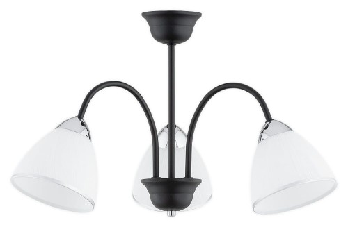 Lampa sufitowa FRIDA 3xE27 Lemir łączy czarny mat, chromowane dodatki i białe klosze. Średnica 45 cm, wysokość 33 cm oraz podział świecenia 2+1 sprawiają, że doskonale nadaje się do salonu, jadalni lub sypialni.