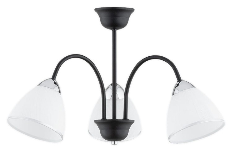 Lampa sufitowa FRIDA 3xE27 Lemir łączy czarny mat, chromowane dodatki i białe klosze. Średnica 45 cm, wysokość 33 cm oraz podział świecenia 2+1 sprawiają, że doskonale nadaje się do salonu, jadalni lub sypialni.