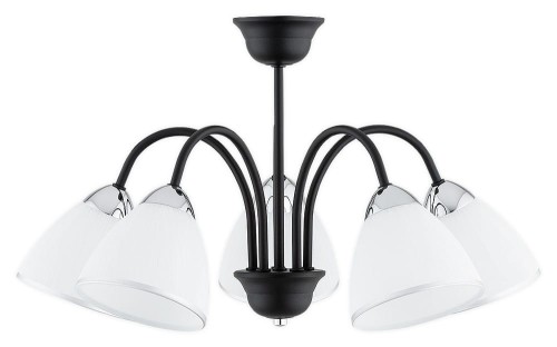Lampa sufitowa FRIDA 5xE27 Lemir zachwyca połączeniem czarnego matu, chromowanych detali i białych kloszy. Średnica 55 cm, wysokość 33 cm oraz podział świecenia 3+2 zapewniają funkcjonalne oświetlenie salonu i jadalni.