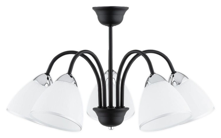 Lampa sufitowa FRIDA 5xE27 Lemir zachwyca połączeniem czarnego matu, chromowanych detali i białych kloszy. Średnica 55 cm, wysokość 33 cm oraz podział świecenia 3+2 zapewniają funkcjonalne oświetlenie salonu i jadalni.