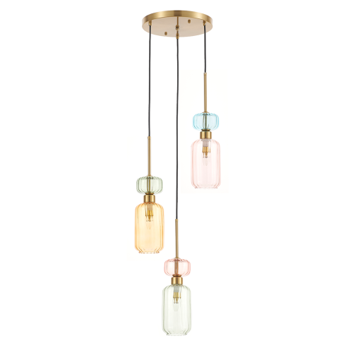 Lampa wisząca MOLLY ML1825 zachwyca połączeniem złotego wykończenia i kolorowych szklanych kloszy. Trzy źródła światła E14 oraz regulowana wysokość sprawiają, że doskonale sprawdzi się w salonie, jadalni i sypialni.