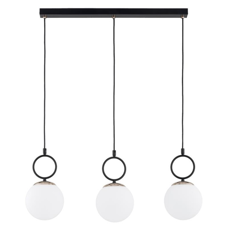 Lampa sufitowa LISTER w kolorze czarnym ze zlotymi dodatkami. Klosze białe w formie kuli. Nad kloszami umieszczone elementy ozdobne. Klosze na linkach przytwierdzone do listwy.