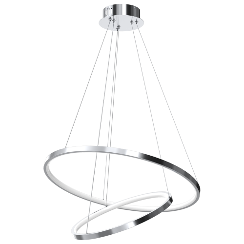 Lampa wisząca HOOP ML1550 w kolorze chrom zachwyca nowoczesnym designem dwóch przecinających się pierścieni LED. Neutralna barwa światła 4000K i moc 51W sprawiają, że doskonale oświetla salon, jadalnię, kuchnię oraz nowoczesne apartamenty.
