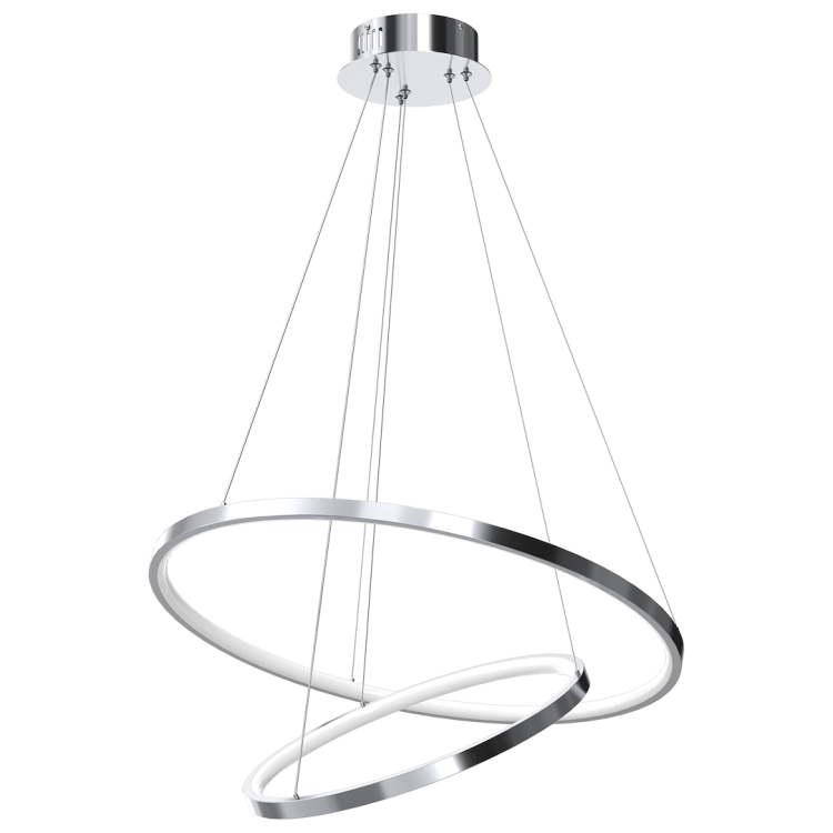 Lampa wisząca HOOP ML1550 w kolorze chrom zachwyca nowoczesnym designem dwóch przecinających się pierścieni LED. Neutralna barwa światła 4000K i moc 51W sprawiają, że doskonale oświetla salon, jadalnię, kuchnię oraz nowoczesne apartamenty.