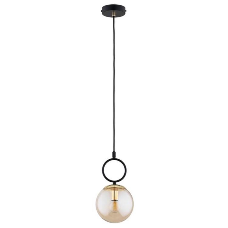 Lampa sufitowa LISTER pojedyncza wisząca w kolorze czarnym, kula bursztynowa. Polska produkcja.