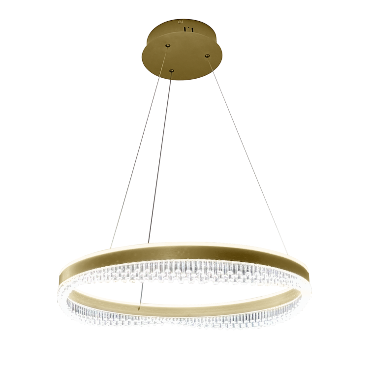 Lampa wisząca PRECIOSA ML0999 zachwyca eleganckim wykończeniem w kolorze ciemnego złota i efektownym kryształowym pierścieniem. Zintegrowany LED 52W generuje 3400 lm neutralnego światła 4000K, idealnego do salonu, jadalni i sypialni.