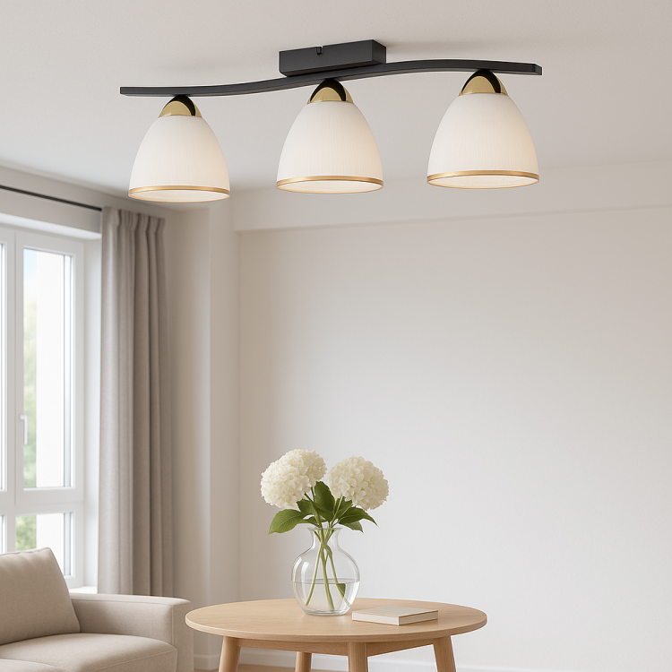 Plafon FABER 3xE27 Lemir O3253 P3 CZA+ZL to elegancka lampa sufitowa w czerni i złocie z białymi kloszami. Stylowe wykończenie i polska jakość Lemir sprawiają, że plafon doskonale oświetli salon, sypialnię czy jadalnię.