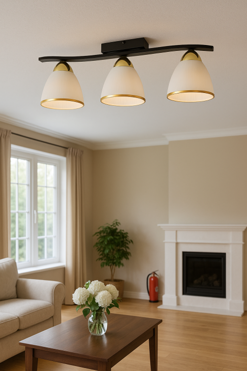 Plafon FABER 3xE27 Lemir O3253 P3 CZA+ZL to elegancka lampa sufitowa w czerni i złocie z białymi kloszami. Stylowe wykończenie i polska jakość Lemir sprawiają, że plafon doskonale oświetli salon, sypialnię czy jadalnię.