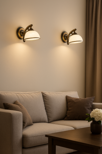Kinkiety ścienne w stylu klasycznym HERMES w kolorze patyna, zamontowane nad sofą w eleganckim salonie. Dekoracyjna armatura i klosze z białego alabastru tworzą przytulne, ciepłe oświetlenie, idealne do stylowego, tradycyjnego wnętrza