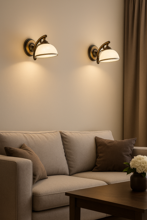 Kinkiety ścienne w stylu klasycznym HERMES w kolorze patyna, zamontowane nad sofą w eleganckim salonie. Dekoracyjna armatura i klosze z białego alabastru tworzą przytulne, ciepłe oświetlenie, idealne do stylowego, tradycyjnego wnętrza