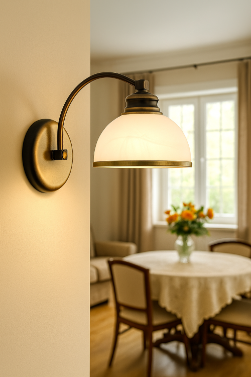 Lampa ścienna Pelion Lemir to elegancki kinkiet w stylu klasycznym. Wykonana z metalu w kolorze patyna, z kloszami z białego szkła alabastrowego. Doskonała do salonu, jadalni czy gabinetu. Trwała, stylowa i idealna do klasycznych wnętrz