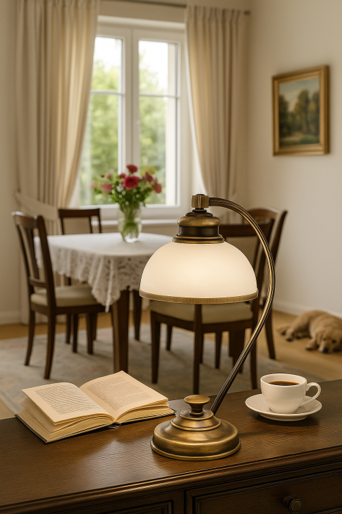 Lampka stołowa PELION Lemir w stylu klasycznym, wykonana z metalu w kolorze patyna z kloszem z białego szkła alabastrowego. Idealna do salonu, gabinetu lub sypialni. Elegancki design, wysoka jakość i ponadczasowy charakter. Stylowy dodatek do wnętrz.