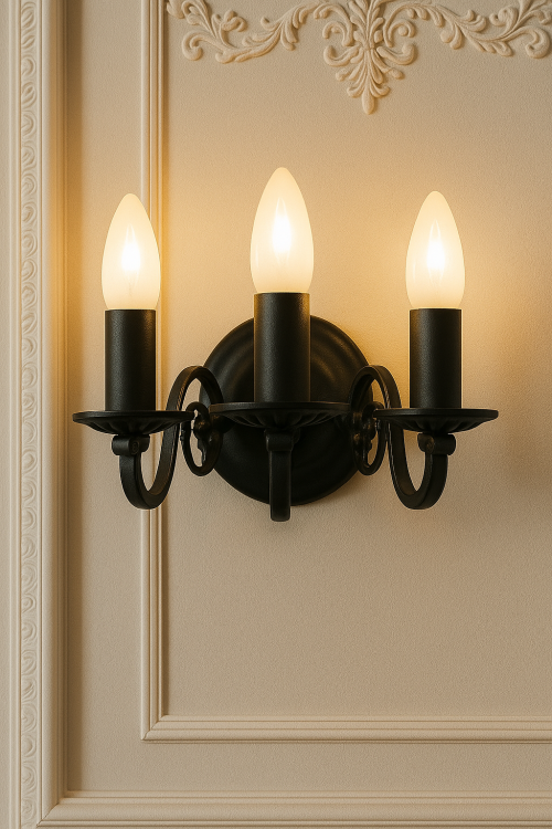 Kinkiet klasyczny LEMIR 382 K3 CZA 3xE14 czarny matowy. Styl świecznikowy, wykonany ze stali i odlewu ZnAl. Idealny do salonu, jadalni i korytarza. Wysoka jakość, elegancja i trwałość. Maks. moc 180W, IP20, gwarancja producenta