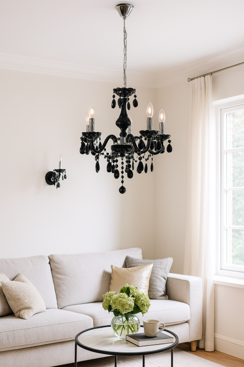 Żyrandol WHIZ Italux w stylu Maria Teresa, czarny z kryształkami. Wykonany z metalu i akrylu, 5xE14 max 40W, LED/eco. Średnica 50 cm, wysokość 113 cm. Luksusowe oświetlenie glamour do salonu, sypialni lub jadalni. Zasilanie 230V, gwarancja 2 lat