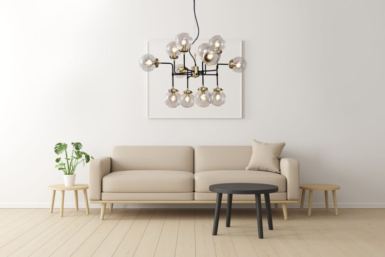 Lampa sufitowa ODELIA Italux V1009-12 w stylu industrialnym i loft. Metalowa konstrukcja w kolorze czarnym i antyczny brąz, przezroczyste klosze, 12xE14 max 28W (LED). Średnica 100 cm, wysokość 190 cm, IP20, zasilanie 230V, gwarancja 2 lata