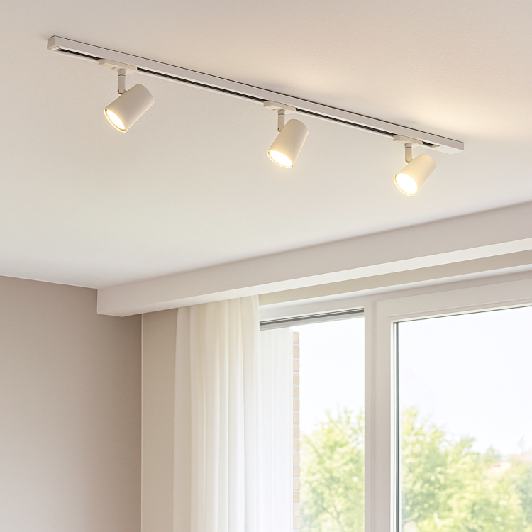 Reflektor szynowy ASTLEY 3x35W Italux 914003 w białym kolorze, wykonany z aluminium. Długość 106,8 cm, wysokość 12,5 cm. Trzy oprawy GU10 (max 35W), idealne do LED. Nowoczesne oświetlenie sufitowe do salonu, kuchni, biura. Zasilanie 230V, IP20