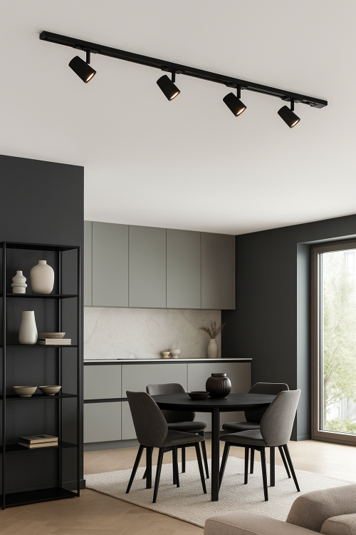 Reflektor szynowy ASTLEY 5xGU10 Italux 914121 BL w kolorze czarnym. Wykonany z aluminium, długość 150 cm, wysokość 12,5 cm. Oprawy GU10 (max 35W), LED-ready. Stylowe oświetlenie sufitowe do kuchni, salonu i biura. IP20, zasilanie 230V