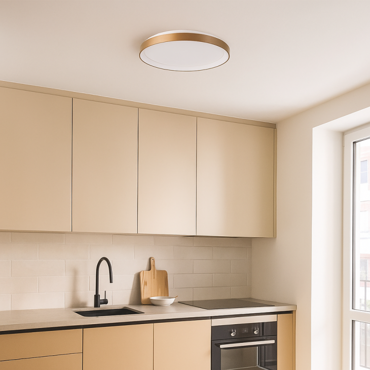 Plafon VICO 38W LED Italux w kolorze złotym z białym kloszem. Średnica 48 cm, 3100 lm. Możliwość zmiany barwy światła 3000K/4000K. Nowoczesny design, energooszczędna technologia LED SMD 2835. IP20, zasilanie 230V, gwarancja 5 lat.