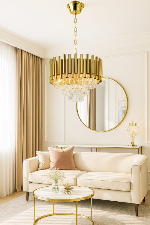 Żyrandol BARI 4xE27 złoty Glamour 6230/4 TR to elegancka lampa sufitowa z metalu i kryształu. Złoty kolor i przezroczyste kryształy tworzą luksusowy efekt świetlny. Idealny do salonu, sypialni i jadalni. Średnica 39 cm, wysokość całkowita 78 cm