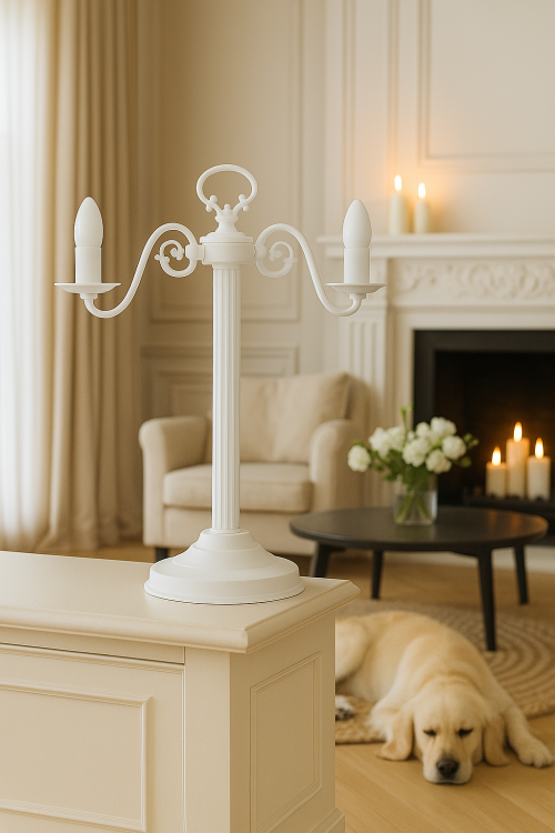 Klasyczna lampa stołowa LEMIR 388 L2 BIA w formie świecznika, wykonana ze stali i ZnAl, w eleganckim białym macie. 2xE14 60W, włącznik na przewodzie, IP20. Idealna do salonu, sypialni i gabinetu. Stylowa, trwała i dekoracyjna – perfekcja w klasyce