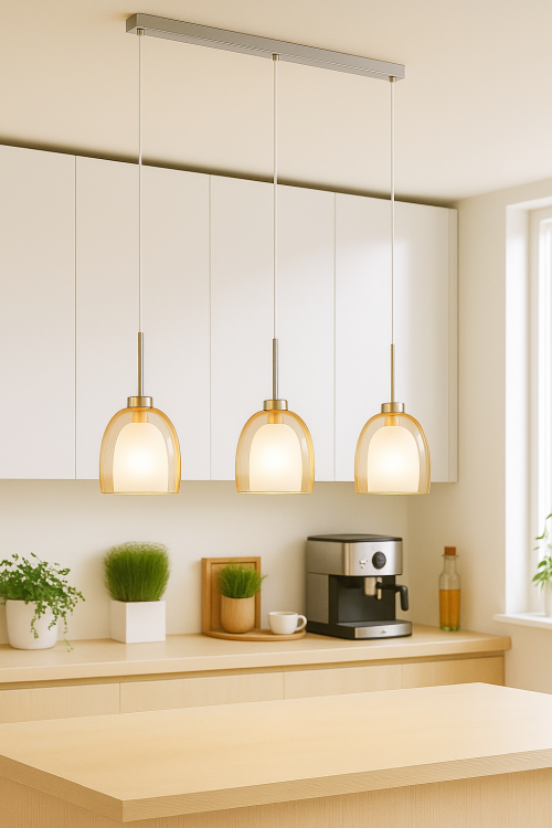 Lampa wisząca RONDA 3pł Alfa 60139 szampańska to eleganckie oświetlenie nad stół lub blat. Chromowana listwa, podwójne klosze (bursztynowy + biały), 3xE27. Wysokość 100 cm, szerokość 70 cm. Styl i funkcjonalność w jednym