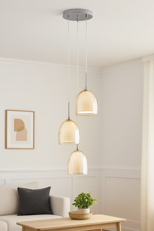 Lampa wisząca RONDA 3pł Alfa 60142 szampańska to eleganckie oświetlenie z metalowo-szklanymi kloszami. Wysokość 100 cm, szerokość 34 cm. Na 3xE27 60W. Idealna nad stół, wyspę lub do salonu