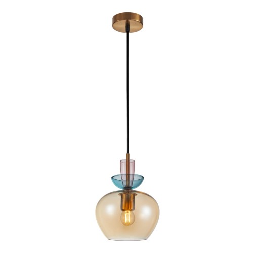 Lampa wisząca FANDA Italux PND-31882-1A-GD-AMB łączy bursztynowy szklany klosz, złote wykończenie i niebieskie detale. Nad stół, wyspę lub barek. Średnica 19 cm, regulowana wysokość do 100 cm. 1xE27, maks. 40W, IP20.