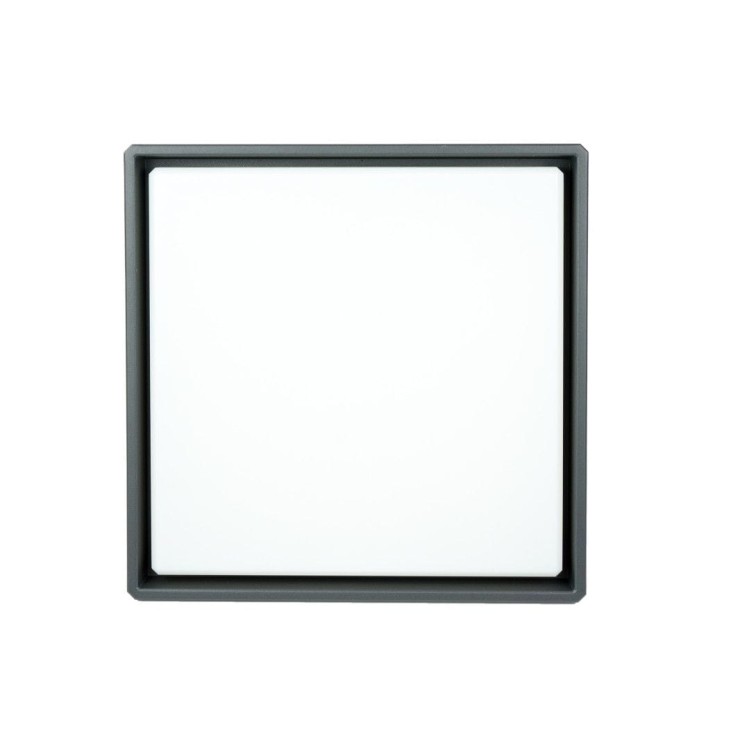 Nowoczesna plafoniera LED 27W o wymiarach 28,5x28,5 cm to trwała i stylowa oprawa z IP65. Oferuje 3 barwy światła (2700K/3000K/4000K), 2590 lm i aluminiową obudowę w kolorze ciemnego popielu. Idealna do wnętrz i zadaszeń zewnętrznych