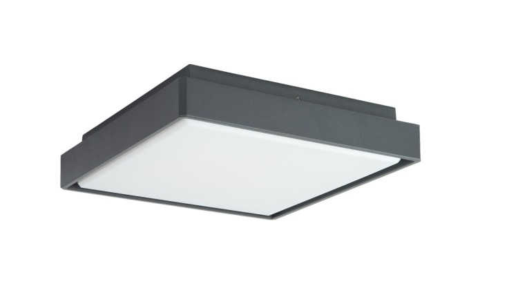 Nowoczesna plafoniera LED 27W o wymiarach 28,5x28,5 cm to trwała i stylowa oprawa z IP65. Oferuje 3 barwy światła (2700K/3000K/4000K), 2590 lm i aluminiową obudowę w kolorze ciemnego popielu. Idealna do wnętrz i zadaszeń zewnętrznych