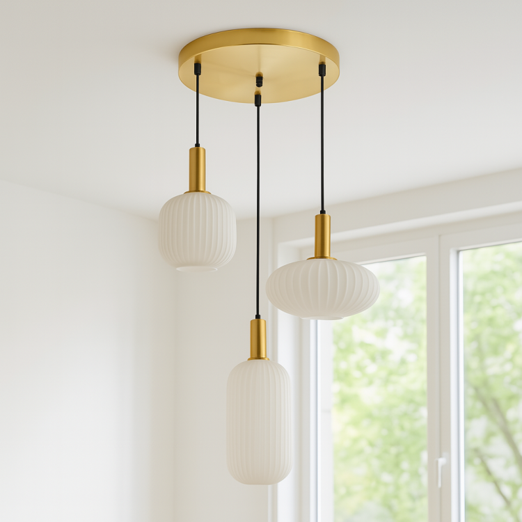 Lampa wisząca w kolorze złotym z białymi kloszami ze szkła. Klosze żebrowane.