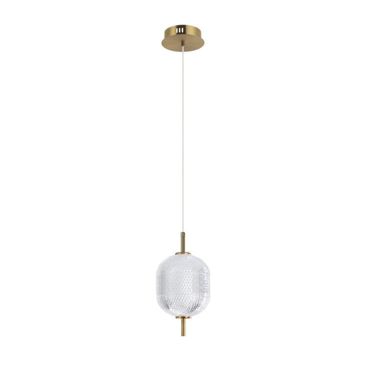Lampa wisząca w kolorze złotym, klosz z akrylu przezroczysty, dekorowany. 8W LED 830Lm, barwa światła ciepła 3000K. Italux Corado PND-81438-1A-GD.