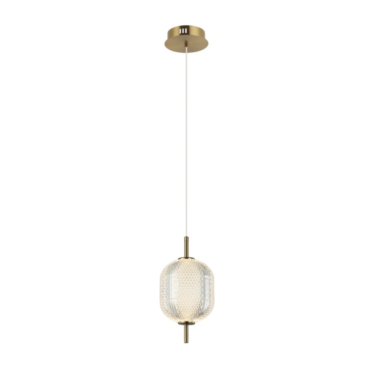 Lampa wisząca w kolorze złotym, klosz z akrylu przezroczysty, dekorowany. 8W LED 830Lm, barwa światła ciepła 3000K. Italux Corado PND-81438-1A-GD.
