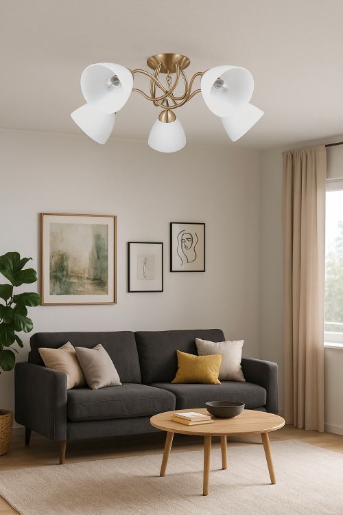 Lampa sufitowa LUGANO 5xE27 Italux to eleganckie oświetlenie w kolorze patyny z białymi kloszami i ozdobnym kryształkiem. Idealna do klasycznych wnętrz. Wykonana z metalu i szkła