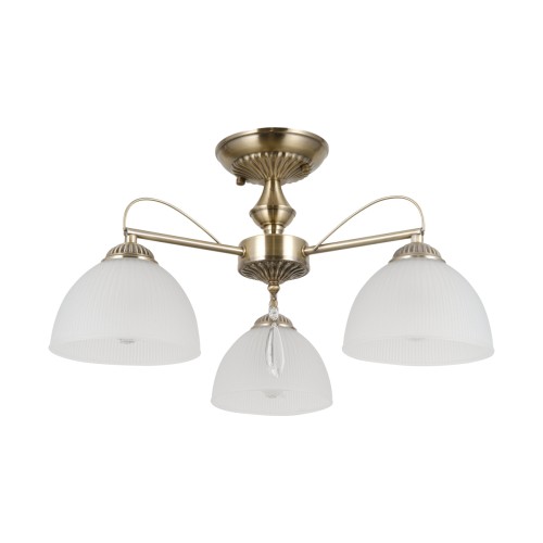 Lampa sufitowa MORETI Italux PND-40623-3-AB w kolorze antycznego mosiądzu ma trzy białe szklane klosze i oprawki E27. Klasyczne oświetlenie do salonu, jadalni, sypialni, gabinetu lub eleganckiego przedpokoju.