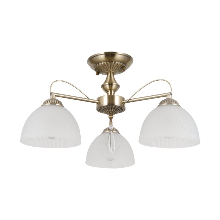 Lampa sufitowa MORETI Italux PND-40623-3-AB w kolorze antycznego mosiądzu ma trzy białe szklane klosze i oprawki E27. Klasyczne oświetlenie do salonu, jadalni, sypialni, gabinetu lub eleganckiego przedpokoju.