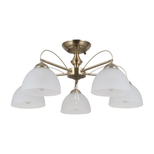 Lampa sufitowa MORETI Italux PND-40623-5-AB ma pięć białych szklanych kloszy i oprawę w kolorze patyny. Klasyczne oświetlenie 5×E27 do salonu, jadalni, sypialni, gabinetu, przedpokoju lub eleganckiego holu.